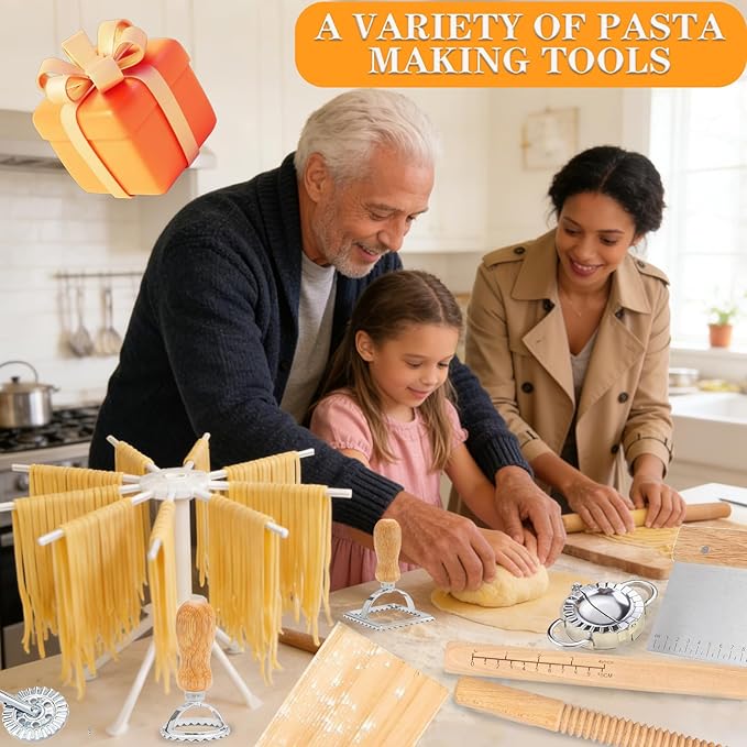 10pcs Pasta Making Tools, Wood Pasta Making Kit with Pasta Drying Rack,Rolling Pins,Gnocchi Board,Dough Cutter,Ravioli Cutter,Pasta Stamps,Making Dumplings .Pasta Making Accessories for Home