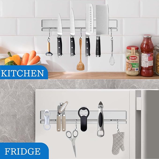17 Inch Magnetic Knife Holder for Wall No Drill/Drill with 12 Hooks-Strong Adhesive Double Bar Knife Magnetic Strip-Kitchen Utensil Holder-304 Stainless Steel Magnetic Knife Block