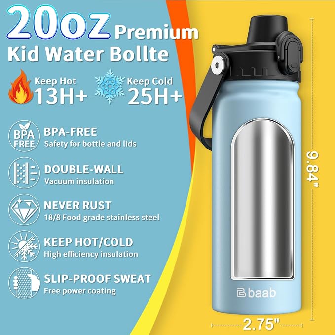 baab 20oz Kids Water Bottle, Insulated Kids Water Bottle with Lockable Spout Lid & Stickers, 18/8 Stainless Steel Vacuum Leakproof Kid Water Cup for Boy Girl & School (Navy Blue+Light Blue, 2 Pack)