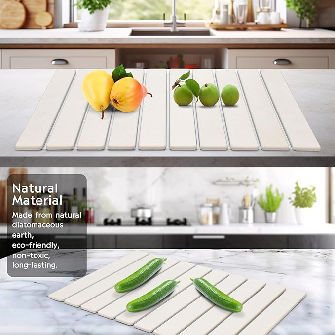 Large Stone Dish Drying Mat for Kitchen Counter, 24"(L)×16"(W) Fast Dry Super Absorbent Collapsible Dish Drying Mats, Eco-Friendly Diatomaceous Earth Mats for Dishes Bottles Cups,Match Any Countertop