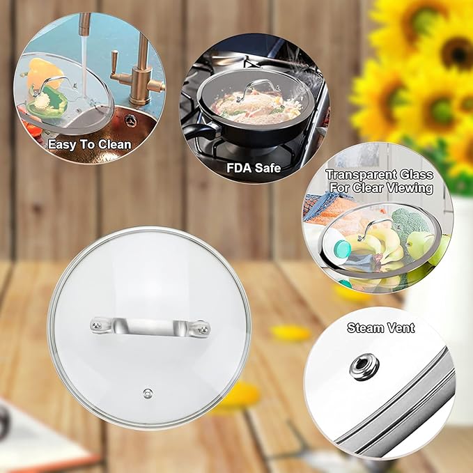 8 Inch Clear Glass Pot Lid for Frying Pan Replacement Cover Can Withstand 356°F (180℃) with Stainless Steel Arch Bridge Handle,Matte Silver