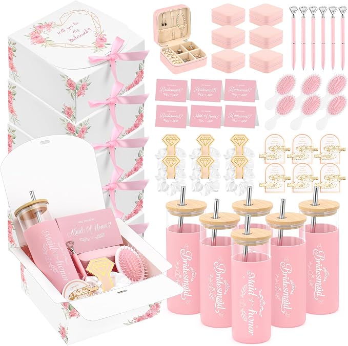 55 Pcs Bridesmaid Proposal Gifts of 6 Sets Maid of Honor Gifts Box Glass Cups Jewelry Box Scrunchies Hair Clips Pen and Invited Cards for Bachelorette Bridal Shower Wedding Party (Pink, 6 Set)