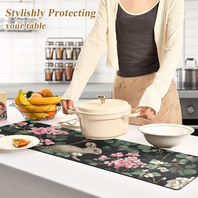 2-in-1 Table Runner Trivet for Hot Dishes Heat Resistant Hot Plate Mat Pad 39x12 Inch Waterproof Table Protector Trivets for Countertop Non Slip Decorative Retro Black Rabbits and Flowers