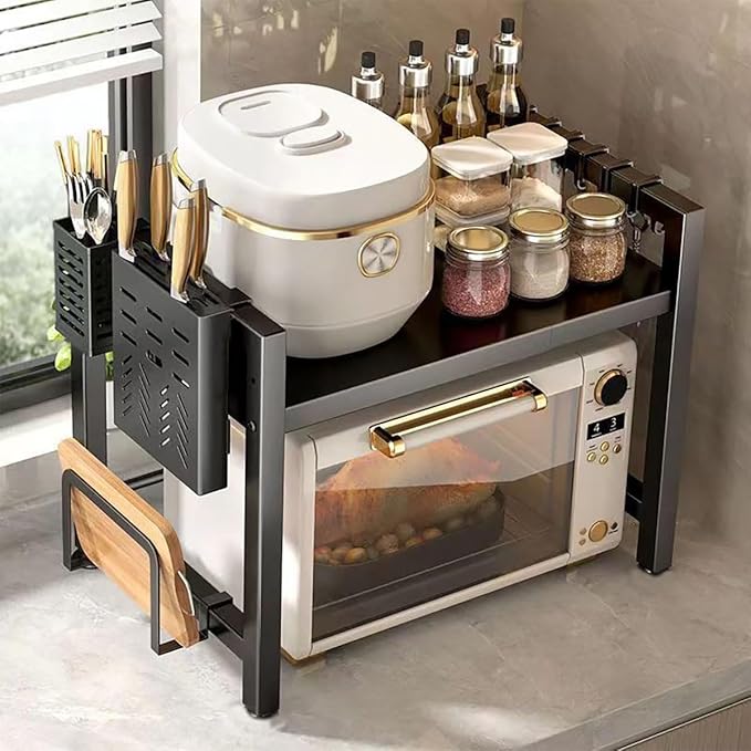 Extendable Microwave Oven Rack, 15.7~24.8" L Expandable Microwave Stand with Storage Shelf Heavy Duty with 6 Hooks and Chopsticks Cutting Board Holder for Kitchen Countertop