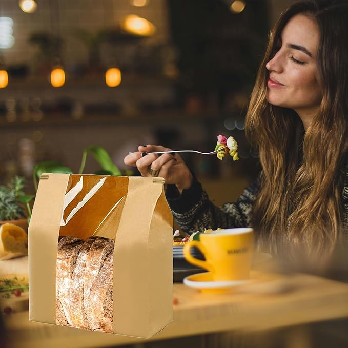 100 Pack Paper Bread Bags for Homemade Bread Sourdough Bread Bags Large Kraft Paper Bakery Bag with Window 14" x 8.3" x 3.5" with Tin Tie Tab Lock for Baked Food Packaging Storage, 100Pcs Love sticker
