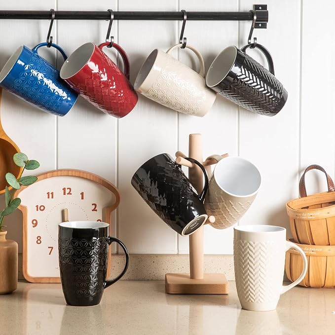 AmorArc Coffee Mugs Set of 6, 16oz Ceramic Lagre Coffee Mugs Set with Textured Geometric Patterns for Latte/Tea/Beer/Hot Cocoa, Dishwasher & Microwave Safe, Blue