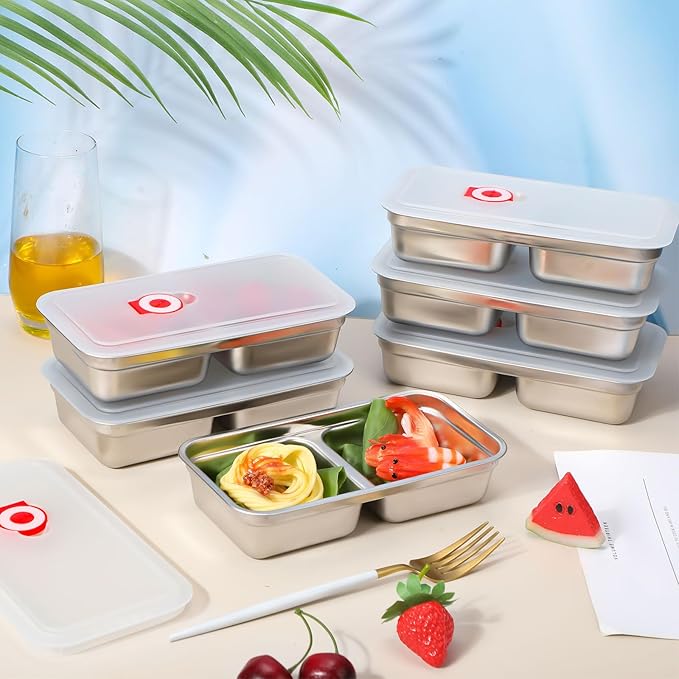 Teenyyou 6 Pcs Stainless Steel Snack Containers 30 oz 2-compartment Meal Prep Containers Reusable Metal Divided Bento Box with Silicone Lids Leakproof Lunch Box Dishwasher Safe (White)