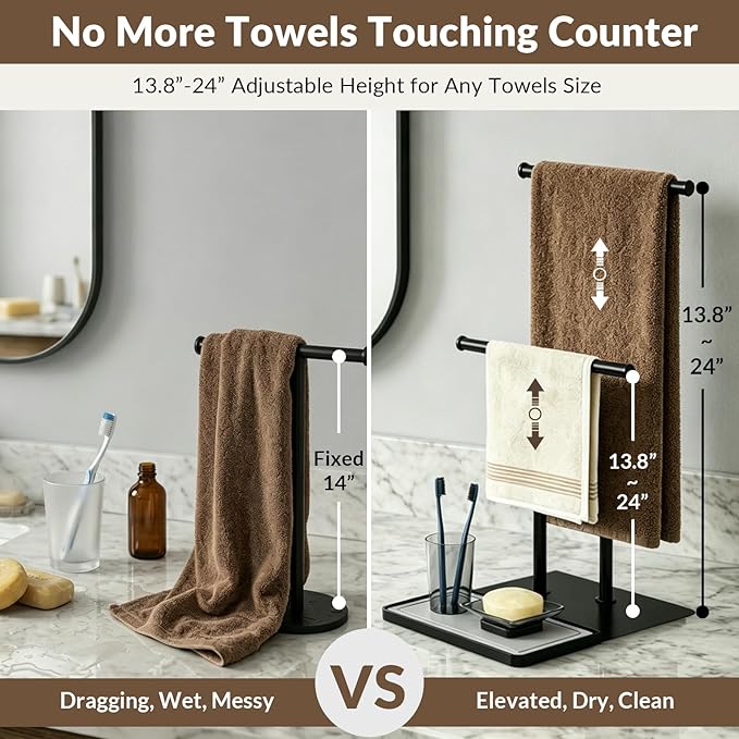 NADAMOO Towel Holder Stand, Adjustable Height 13.8"-24" Freestanding Double Bar Towel Rack with Stone Drying Tray, Wide Weighted Base, Rustproof Black Metal, for Bathroom, Kitchen Countertop