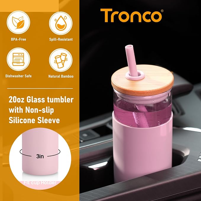Tronco 20 oz Glass Tumbler with Lid and Straw, Iced Coffee Cup and Smoothie Cup with Bamboo Lids & Protective Silicone Sleeve, Dishwasher Safe, BPA-Free, Glass Cup 4 Pack