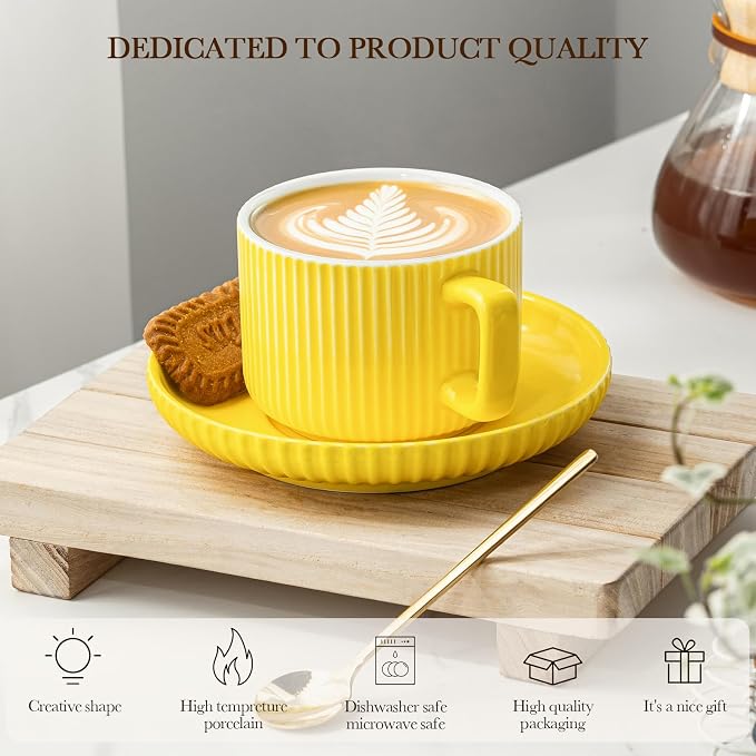 8 Ounce Cappuccino Cups Set of 4, Latte Mugs with Saucers and Spoons, Yellow Ceramic Coffee Mugs Tea Cups for Cappuccino Latte Mocha Au Lait Macchiato Cafe