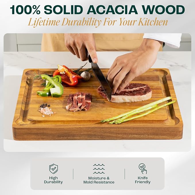 Yes4All Extra Large Acacia Wood Cutting Board for Kitchen, 24''L x 15''W x 1.5'' Thick, Durable Edge Grain Design with Juice Grooves, Pre-Oiled, Easy Grip Handle, Ideal for Chopping and Serving
