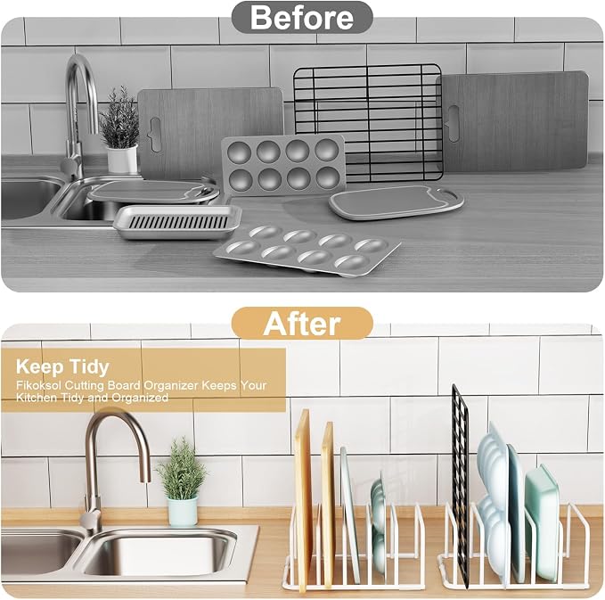 Fikoksol Cutting Board Organizer and Baking Sheet Rack, [2-Pack] White Heavy Duty Metal Cookie Sheet Organizer for Cutting Board Storage & Plate Holder for Cabinet, Tray Dividers for Cabinets