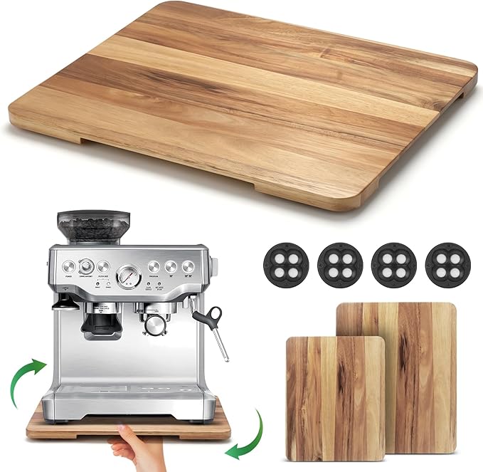 Appliance Slider 360° Rolling Tray for Coffee Maker- Bamboo Coffee Pot Slider Tray for Countertop Rotation Sliding Tray with Wheels, Appliances Mat Easily from Under the Cabinet, Acacia (15.7"×13")