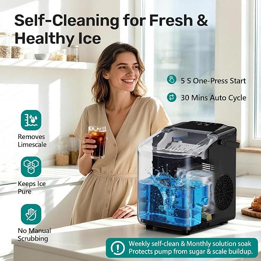 OLIXIS Countertop Ice Maker with Self-Cleaning, Portable Ice Maker Machine with Scoop, 26Lbs/24H, 9 Cubes in 6 Mins, 2 Sizes of Bullet for Home, Kitchen, Office, Black
