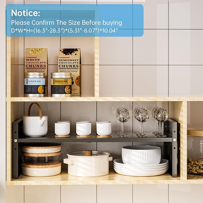 Fun-Face Expandable Cabinet Shelf Organizer,Adjustable Height & Width, Stackable Metal Storage Rack,Kitchen Spice Rack, Pantry Shelf, Countertops (2, Black)