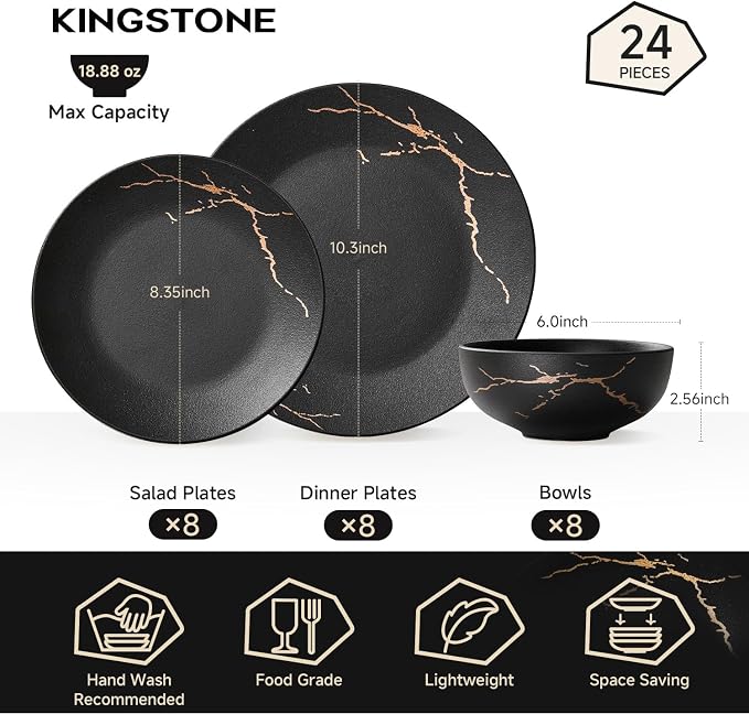 KINGSTONE Dinnerware Sets for 8, Black & Gold Plates and Bowls Sets Matte Vein Dish Set, Modern Luxury Tableware Dinner Salad Plate bowl, for Home Wedding Party Gifts (24 Piece)