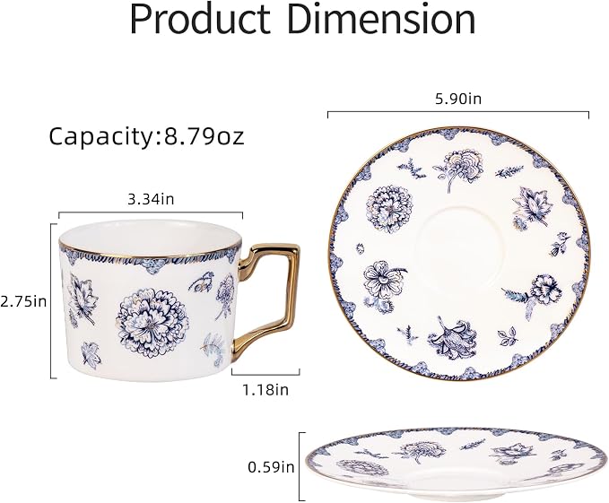 KAMMAK Tea Cups and Saucers Set of 2, Fine Bone China Coffee Cups, 8.5-Ounce Stackable Espresso Mugs, Ceramic Demitasse for Coffee, Cappuccino, Latte, Americano, Tea, English Navy