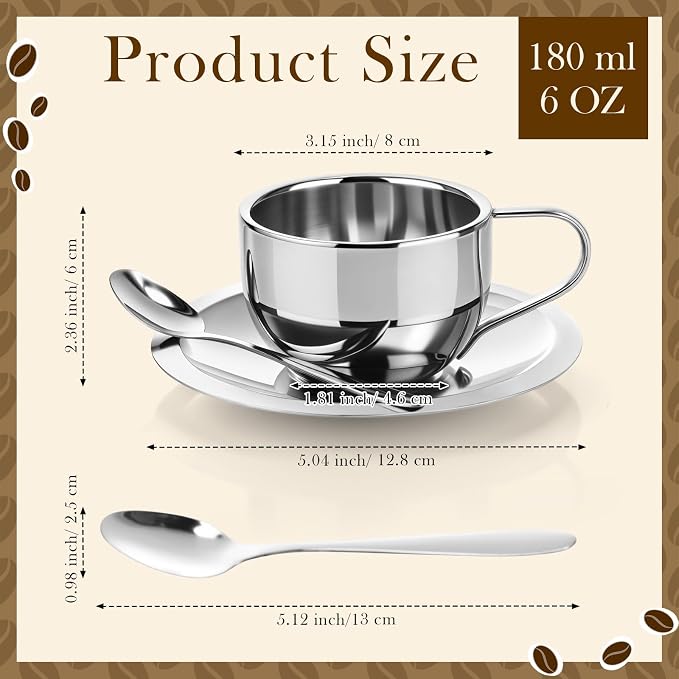 6 Pack Stainless Steel Coffee Cups Set, 6oz Insulated Espresso Cups with Spoon and Saucer, Double Walled Coffee Mugs for Latte, Tea, Milk, Cappuccino