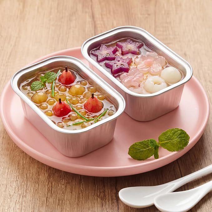 Vesici 100 Sets Mini Loaf Pans with Lids, 5.7 oz Disposable Aluminum Foil Baking Cups, Rectangle Cake Pans for Baking Storage Birthday Party(Silver)