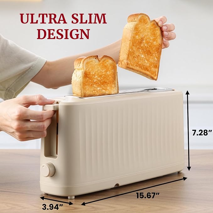 Elite Gourmet ECT2517C SLIMTOAST™ 2-Slice Long Slot Toaster, Cool-Touch Body, 6 Browning Shades, Extra-Wide 1.5" Slot for Artisan Bread, Bagels, Waffles & English Muffins, Cremello