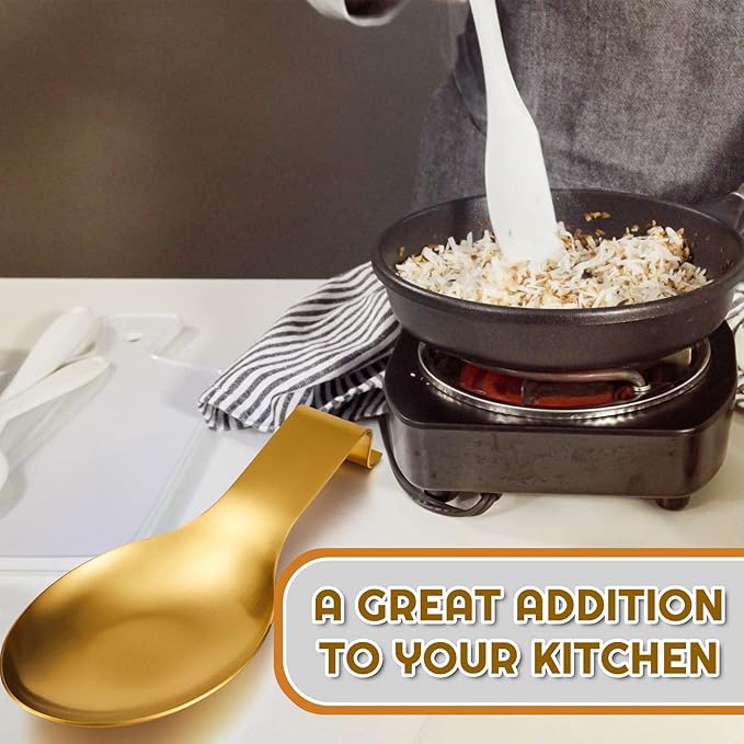 Nuanchu 10 Pcs Stainless Steel Spoon Rest Spatula Ladle Holder Spoon for Stove Top Heavy Duty Spatula Holder for Countertop Dishwasher Safe Utensil Rest for Kitchen, 3.8 x 9.6" (Gold)