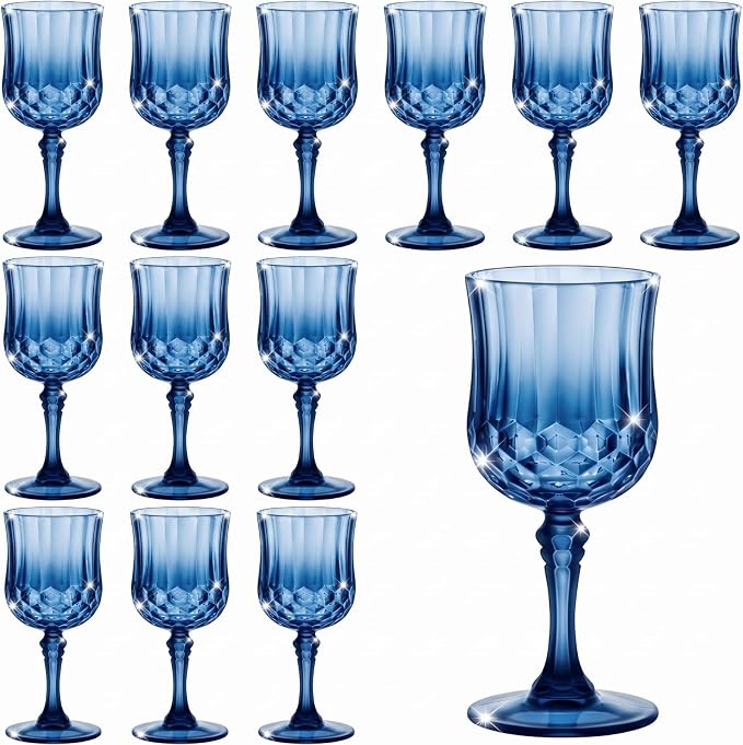 Pinkunn 12 Pcs 7 oz Plastic Vintage Wine Glasses Reusable Colored Goblets Patterned Drinking Water Glasses Cup Dishwasher Safe for Mother's Day Wedding Reception Party Supplies (Dark Blue)