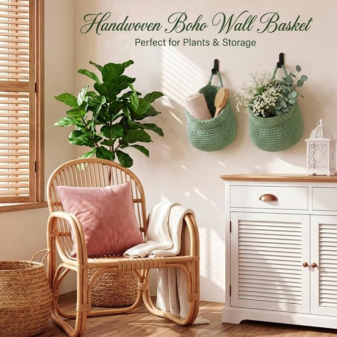 Honeydak Boho Decor Hanging Wall Baskets for Kitchen 3 Pack Teardrop Baskets with Hooks Storage Fruit Onion Vegetable Potato for Home 3 Sizes (Sage Green,Barrel,Cotton Rope)