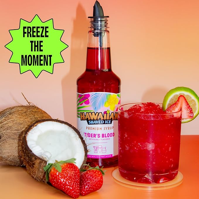Hawaiian Shaved Ice Syrup Pint, Tiger's Blood Flavor, Great For Slushies, Italian Soda, Popsicles, No Refrigeration Needed, Contains No Nuts, Soy, Wheat, Dairy, Starch, Flour, or Egg Products