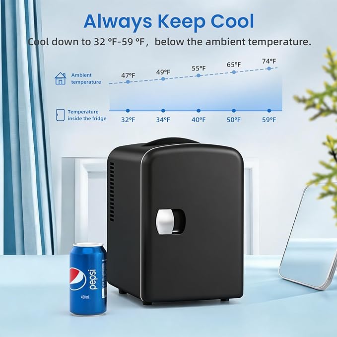 Antarctic Star Compact Refrigerator, Portable Mini Fridge, Skin Care 4L Capacity/6 Cans, for Bedroom, Car, Office & Dorm, Small Cooler for Cosmetics, Beverage and Food, Black