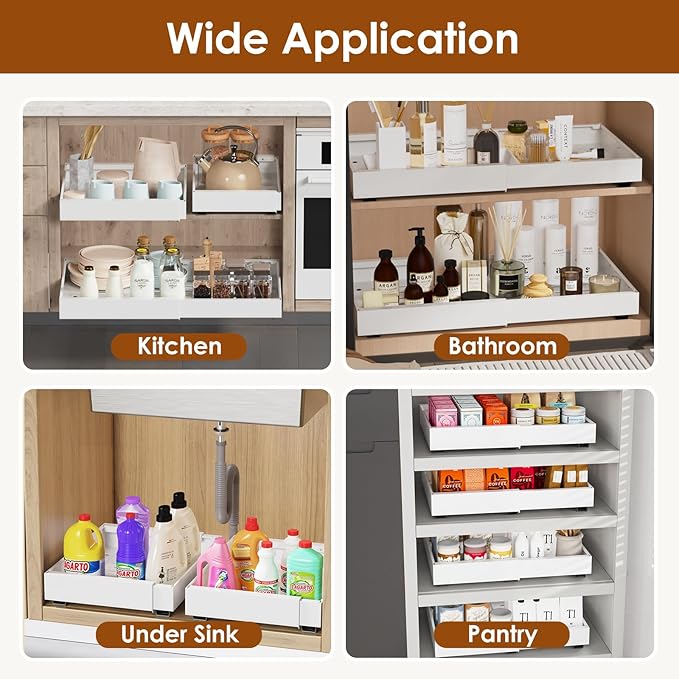 2 Pack Expandable Pull Out Cabinet Organizer 21" Deep, Adjustable Width 12.6"-20.5", No Drill Adhesive with Triple Track Rails, Heavy Duty Slide Out Drawers for Kitchen, Pantry, Cabinets,White