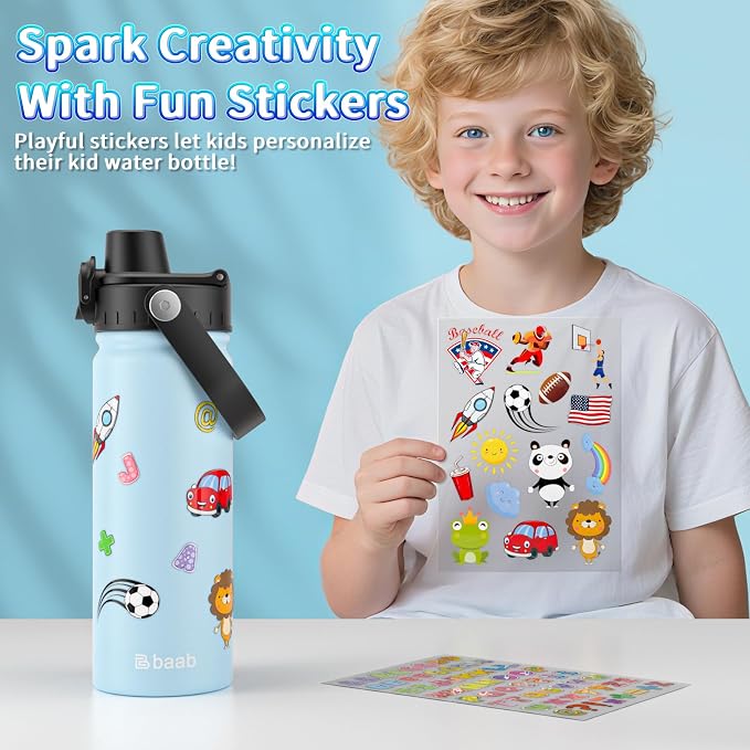baab 20oz Kids Water Bottle, Insulated Kids Water Bottle with Lockable Spout Lid & Stickers, 18/8 Stainless Steel Vacuum Leakproof Kid Water Cup for Boy Girl & School (Navy Blue+Light Blue, 2 Pack)