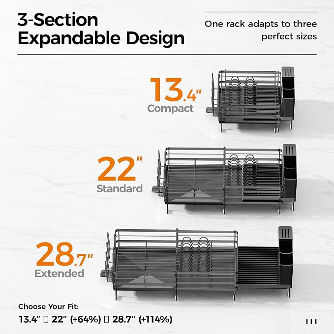 Delamu Stainless Steel Dish Drying Rack, Expandable Dish Drainer, Anti-Rust Large Dish Racks for Kitchen Counter, Dish Strainers with Drainboard, Utensil & Cup Holder, 13.4"-28.7" L x 11.8" W, Black