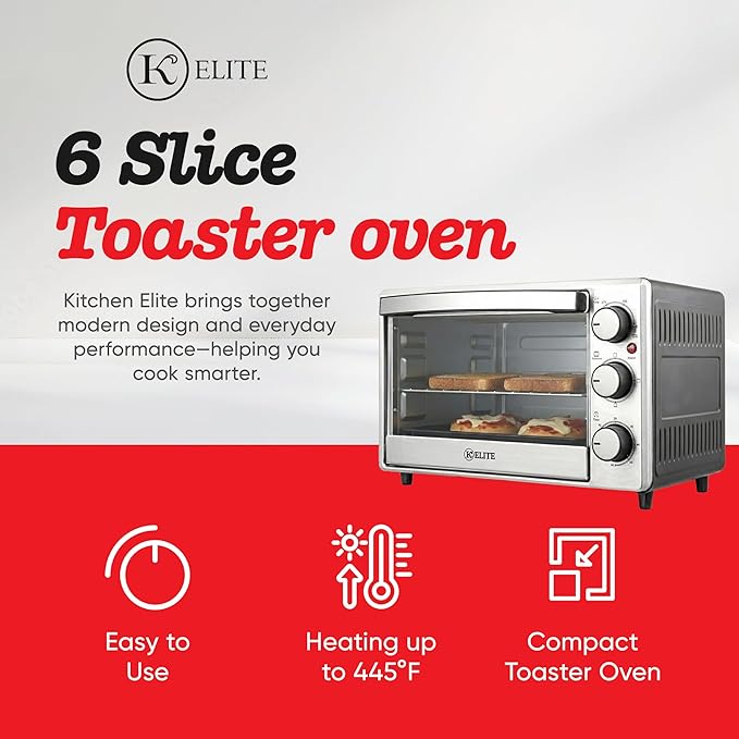 Kitchen Elite Toaster Oven, Compact Countertop Appliance with Bake Tray, Wire Rack, Adjustable Timer, and Temperature Control, Stainless Steel