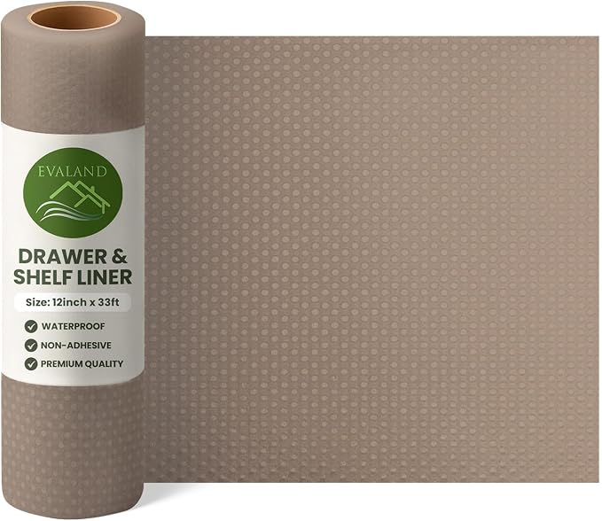 EVALAND Shelf Liners for Kitchen Cabinets Non-Adhesive 12" x 33 FT Beige Drawer Liner Non Slip, Washable Cabinet Liner, Waterproof Shelf Liners for Cabinets, Refrigerator Bathroom Pantry - Thickened