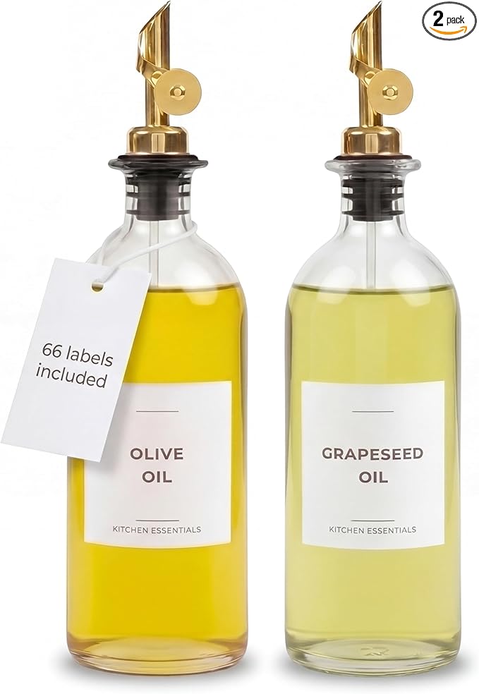 Spaceneat Olive Oil Dispenser Bottle - Includes 55 Kitchen Essential Labels - Cooking Oil Bottles for Kitchen, Coffee Syrup Dispenser - Pourer Spout with 16.9 fl oz Glass Container Cruet - 2pcs, Gold