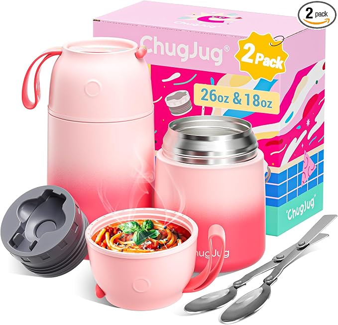 2 Pack Insulated Food Jar Set, 26oz & 18oz Stainless Steel Vacuum Insulated Soup Containers for Hot Food, Leak-Proof Thermal Food Jars with Spoons, Cute Stylish Design for School, Work & Travel (Pink)