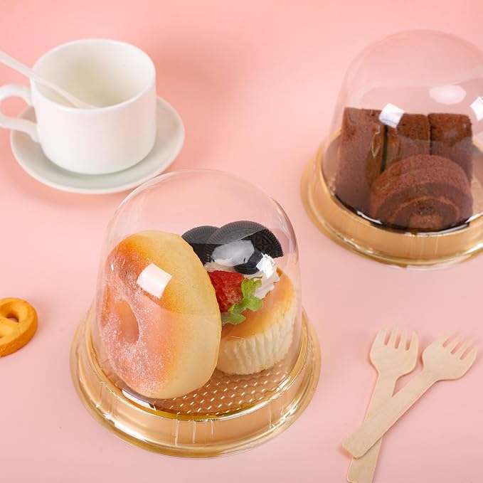 Whaline 100 Sets Disposable Individual Charcuterie Cup Clear Plastic Cupcake Container with Mini Wooden Spork Rope for Graduation Dessert Display Charcuterie Grazing Table Catered Wedding (4.3*4.2in)