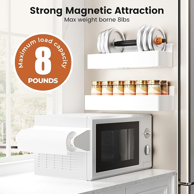 Magnetic Spice Rack for Refrigerator,6 Pack Magnetic Shelf,Fridge Magnet Organizer with Paper Towel Holder,Utensils Racks,Hook Rack,Deepened Basket,Fridge Organizers and Storage White(6 Pack)