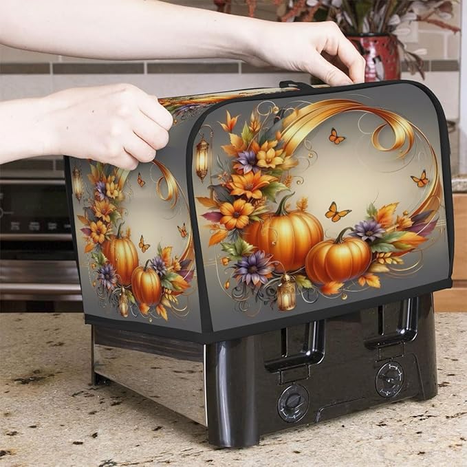 Art Fall Pumpkin Flower Toaster Cover 4 Slice Dust and Fingerprint Protection Toaster Bread Maker Covers Washable Kitchen Small Appliance Covers for Kitchen Accessories Decor Bakeware Women Gift