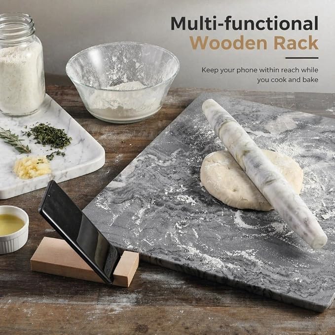 Marble French Rolling Pin, Non-Stick Polished Dough Roller, Pasta, Dumpling, 15 inch Kitchen Baking Tool for Baking with Wooden Resting Base(Bianco Palomino)