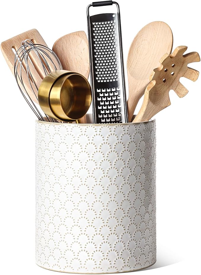 LE TAUCI Utensil Holder for Kitchen Counter - 7.1" Large Ceramic Utensil Crock, Cooking Utensil Organizer for Spatula, Spoon, Whisk - Farmhouse Kitchen Countertop Storage, Embossed, Fireworks