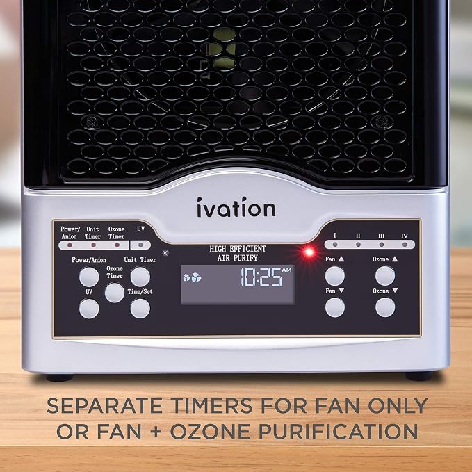 Ivation 5-in-1 HEPA Air Purifier & Ozone Generator W/Digital Display Timer and Remote, Ionizer & Deodorizer 3,700 Sq/Ft – HEPA, Carbon and Photocatalytic Filters, UV Light and Negative Ion Generator