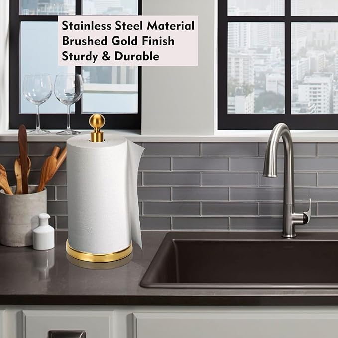 Gold Paper Towel Holder Countertop, Standing Paper Towel Roll Holder for Kitchen Bathroom, with Weighted Base for One-Handed Operation (Stainless Steel Base, Gold)