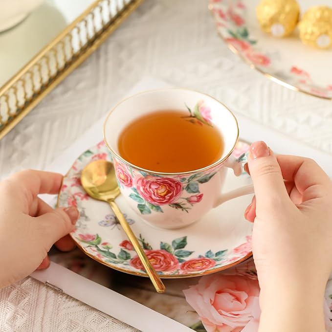 15 Piece British Bone China Tea Cup Sets, Elegant red Rose Pattern, Cups and Saucers Service for 4, with Teapot Sugar Bowl Cream Pitcher Teaspoons for Tea/Coffee, Gifts Set for Adults.