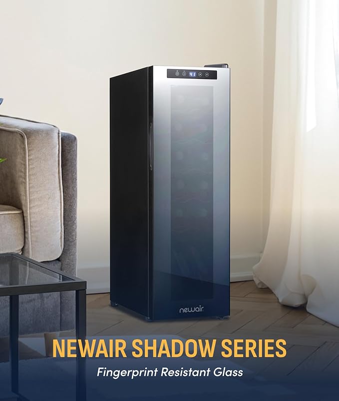 NewAir 10" Wine Fridge for 12 Bottles | Freestanding Wine Cooler Refrigerator with Glass Door | Compact Countertop Storage with Precision Cooling & Quiet Operation | Black