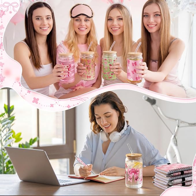 Skylety 12 Set Pink Bow Gifts Coquette Party Favors Bow Glass Cup with Lid and Straw Spiral Notebooks Sticky Pens for Baby Shower Game Prizes for Winners Bridal Shower Bachelorette Party Supplies