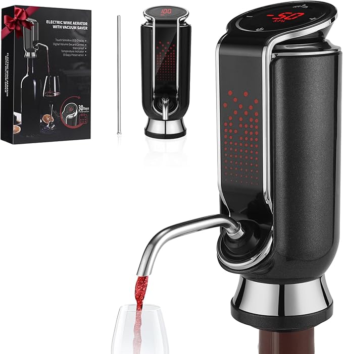 BLUBYEES Luxurious 4-in-1 Electric Wine Aerator, Decanter, Dispenser & Vacuum Saver with LED Display - Wine Pourer Gift for Women and Wine Lovers