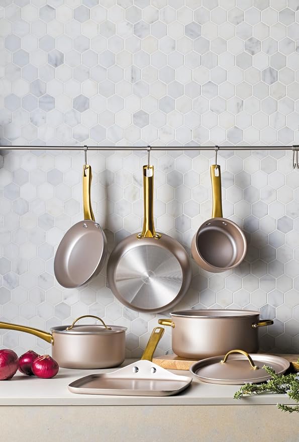 Farberware Radiant Nonstick Cookware/Pots and Pan Set with Lids and Prestige Kitchen Cooking Tools, Dishwasher Safe, 12 Piece, Champagne