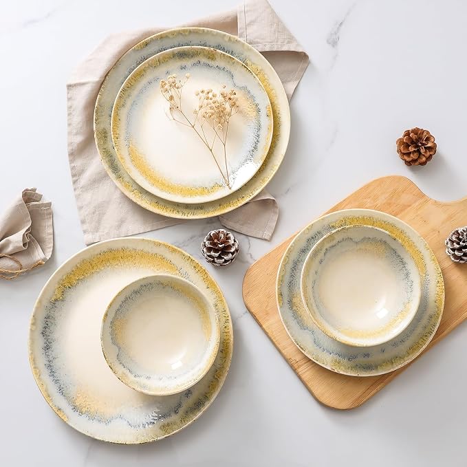 DOMICREVERY Ceramic Dinnerware Sets for 4, 12 pcs Scratch Resistant Dish Set, Lemon Sea