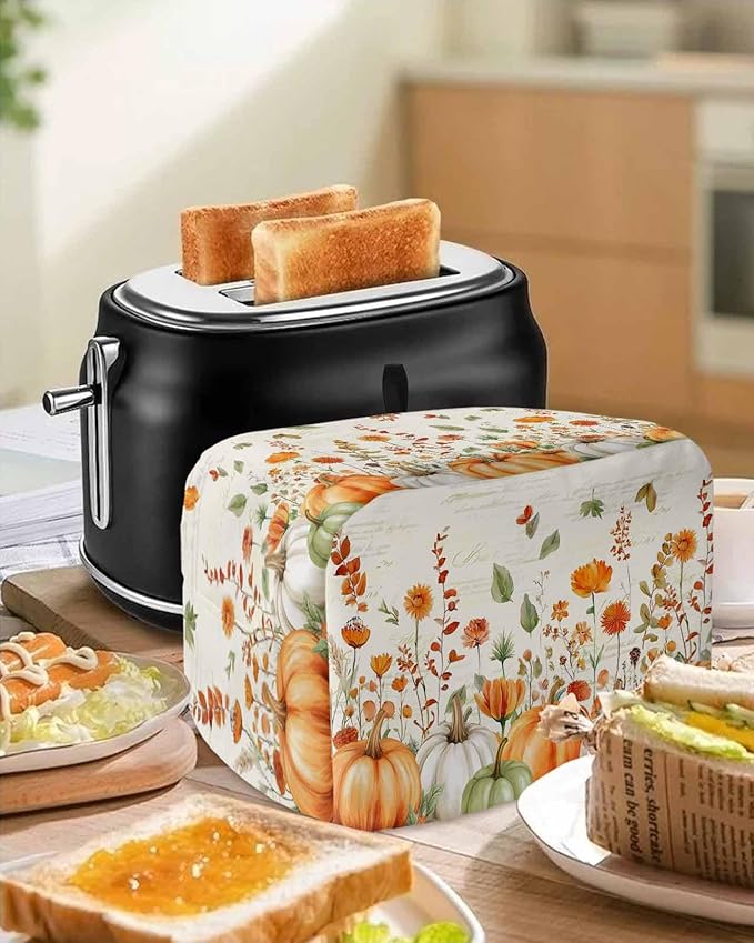 Orange White Pumpkins Fall Toaster Cover 2 Slice, Thanksgiving Botanical Leaves Dustproof Bakeware Oven Protector with Hook, Retro Waterproof Small Kitchen Appliance Toasters Dust Cover, 12"x7.5"x8"